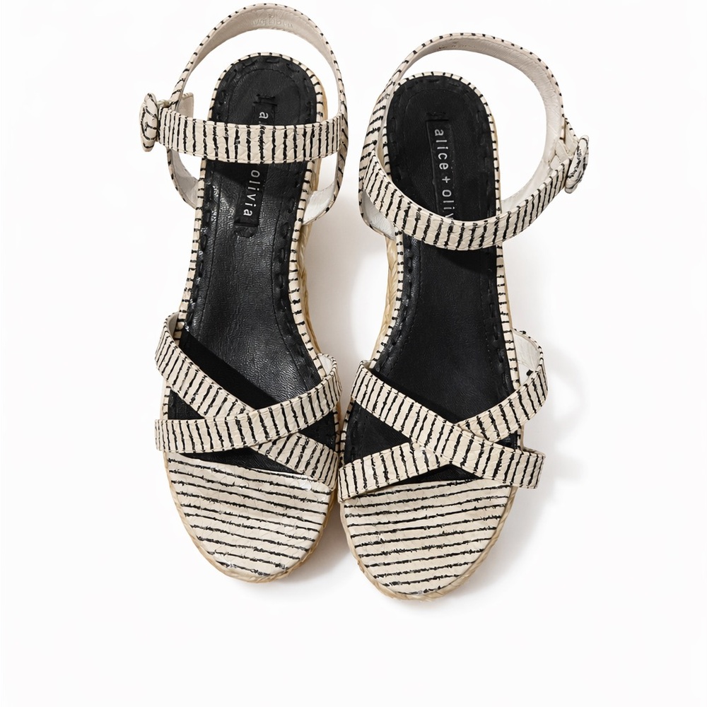 Alice + Olivia Natural and Black Striped Espadrille Wedge Sandals